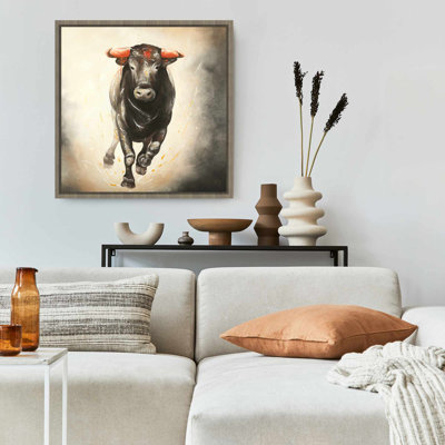 Bull Running Western Framed Canvas | Farm Animal Home Decor