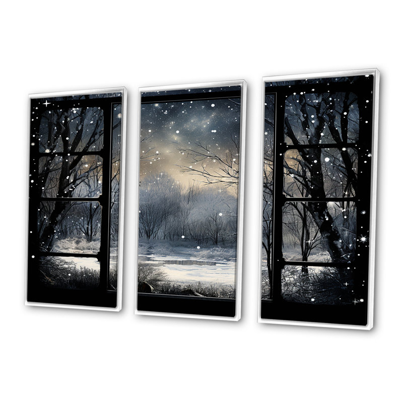 «Midnight Gothic Winter Window View I - Winter Landscape», art mural, H 32 po x l 48 po x P 1 po, Cadre flottant blanc