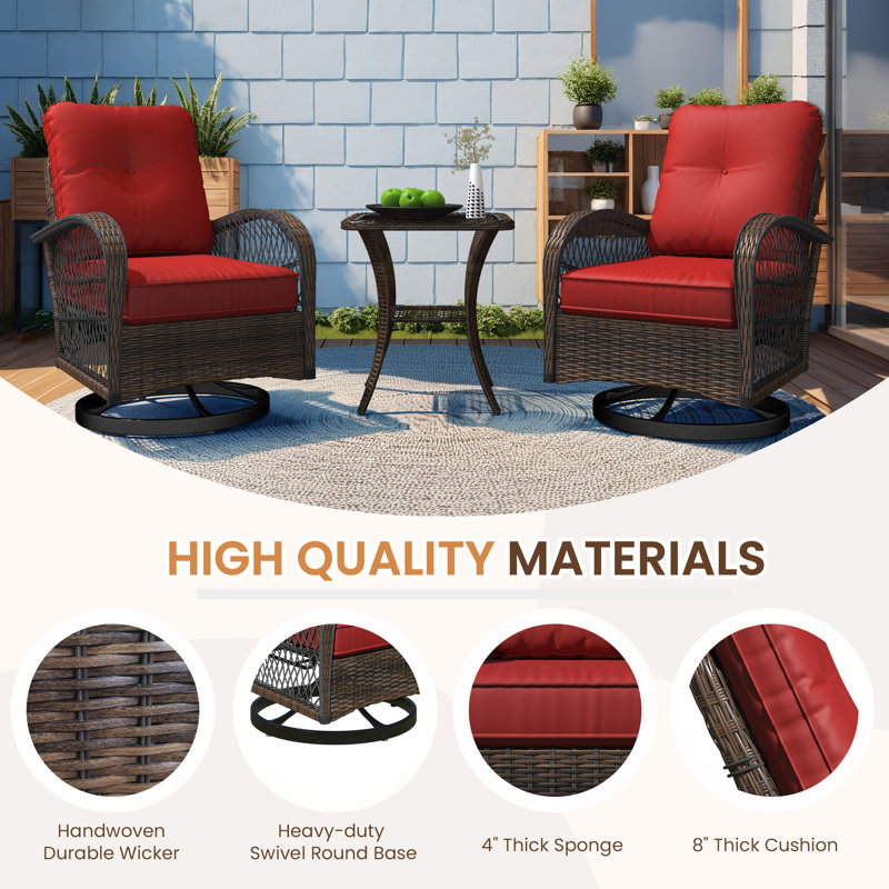 Outdoor Swivel Rocker Bistro Set - 3 Piece Wicker Patio Set With 2 Swivel Rocking Chairs, Cushions, And Tempered Glass Side Table, Perfect For Porch, Garden, Backyard, Poolside