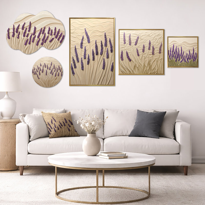 Lavande chuchotements de Provence - très grand ensemble de 5 pièces d'art mural encadré en toile et métal (100 po x 40 po)