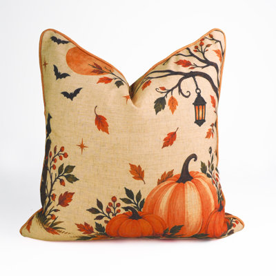 Halloween Lantern and Pumpkin Linen Blend Piping Throw Pillow Cover, Spooky Autumn Harvest & Bats Decorative Accent Pillow for Couch, Sofa, and Bed