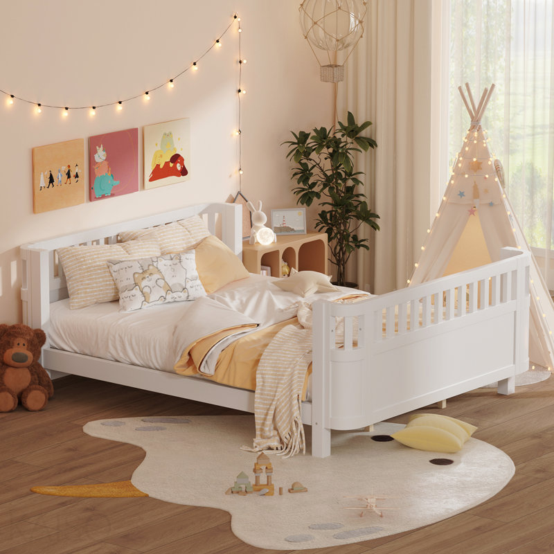 Grand lit plateforme en bois, grand lit en bois à profil bas avec rails pour filles et garçons, blanc, Blanc