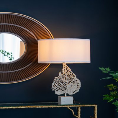D15x29.3" White And Silver Leaf Table Lamp With Drum Shade And Marble Base (Lamp Shade Assembly Required)