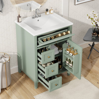 Meuble-lavabo vert de 24 po avec lavabo, panneau de fibres à densité moyenne et fabrication en bois d'hévéa, 3 tiroirs et armoire avec tablettes réglables, conception moderne pour les petites et moyennes salles de bain