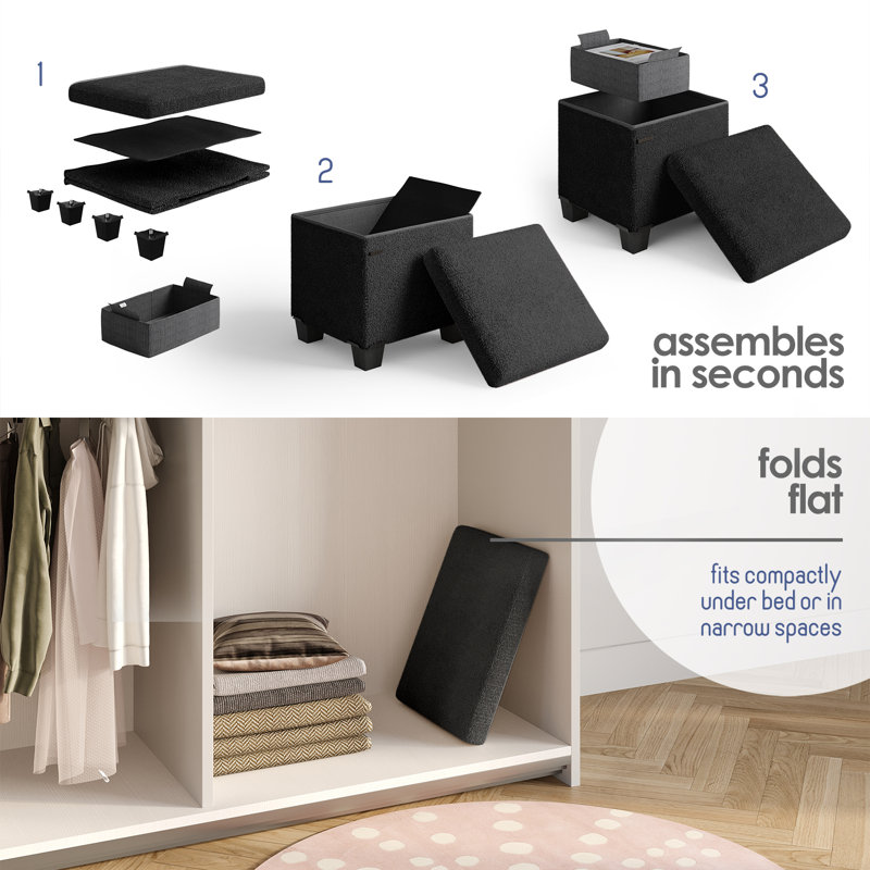 Vérrant Boucle Storage Ottoman Bench, Black, 15"H x 15"W x 15"D