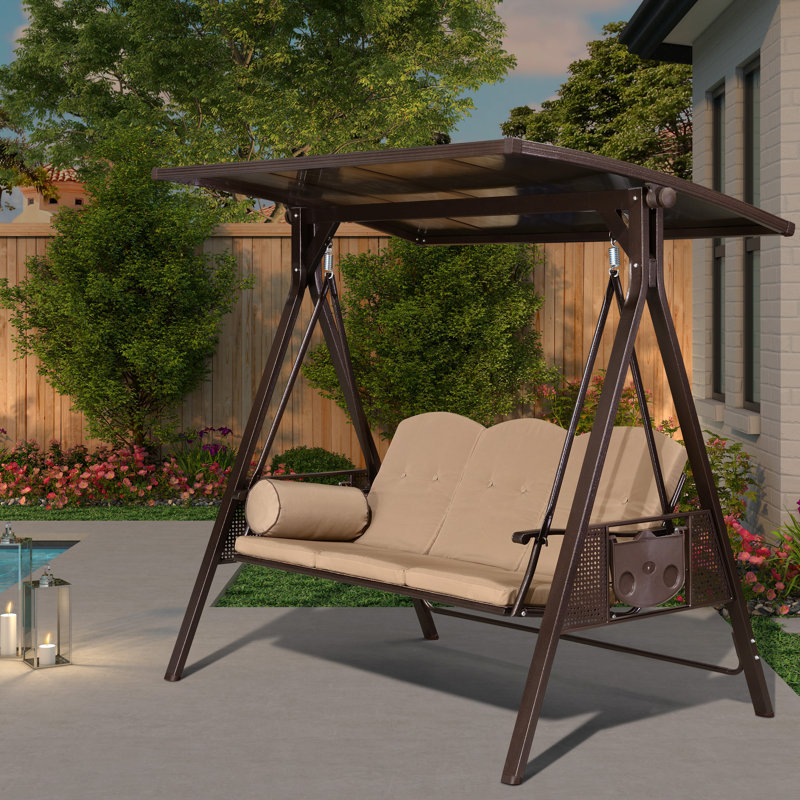 3-seat Large Porch Swing with Stand with Adjustable PVC Canopy and Cushions and Pillow Included, Brown Frame/Khaki Cushion