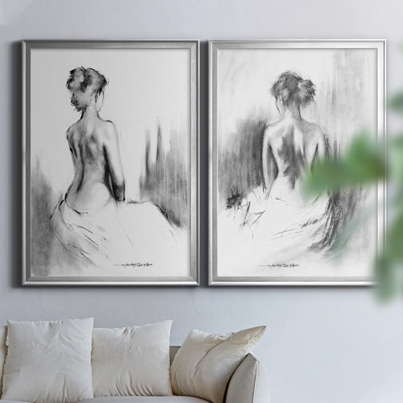 «Soft Silhouette I», ensemble de 2 reproductions d'art, H 30,5 po x l 85 po, Toile avec cadre érable, Argent argent
