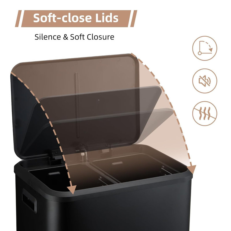 Poubelle, poubelle double en acier inoxydable 2 x 4 gallons (2 x 15 L) avec bac de recyclage, couvercle à fermeture en douceur, poubelle à pédale, argent (avec seaux intérieurs en plastique amovibles)