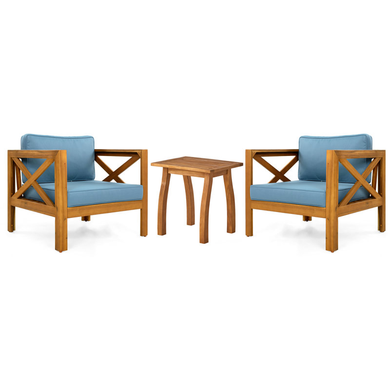 Ensemble de conversation d'extérieur 2 pièces avec chaises en bois d'acacia, finition teck, coussins bleus résistants à l'eau, table de bout