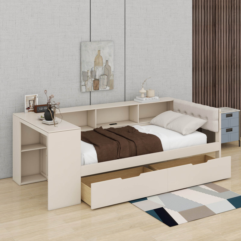 Twin Size Platform Bed With Shelves, Drawers And Upholstered Headboard, Twin, Cream
