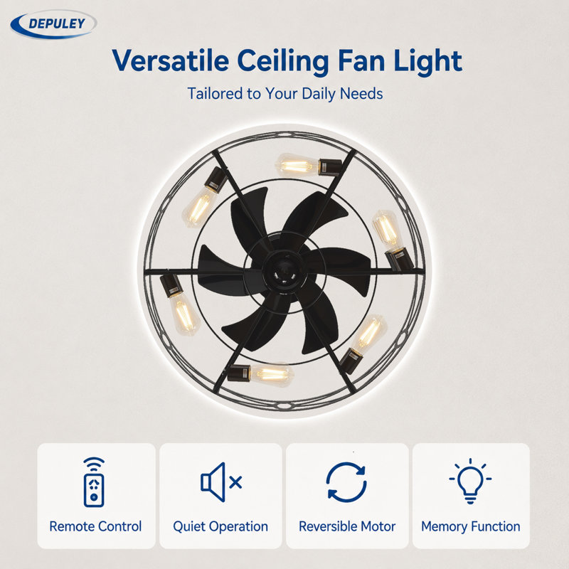 26'' Black Caged Ceiling Fans with Remote App Control for Patio Kitchen Bedroom, Farmhouse Flush Mount Ceiling Fan with Lights Reversible 6 Speed Timer 
