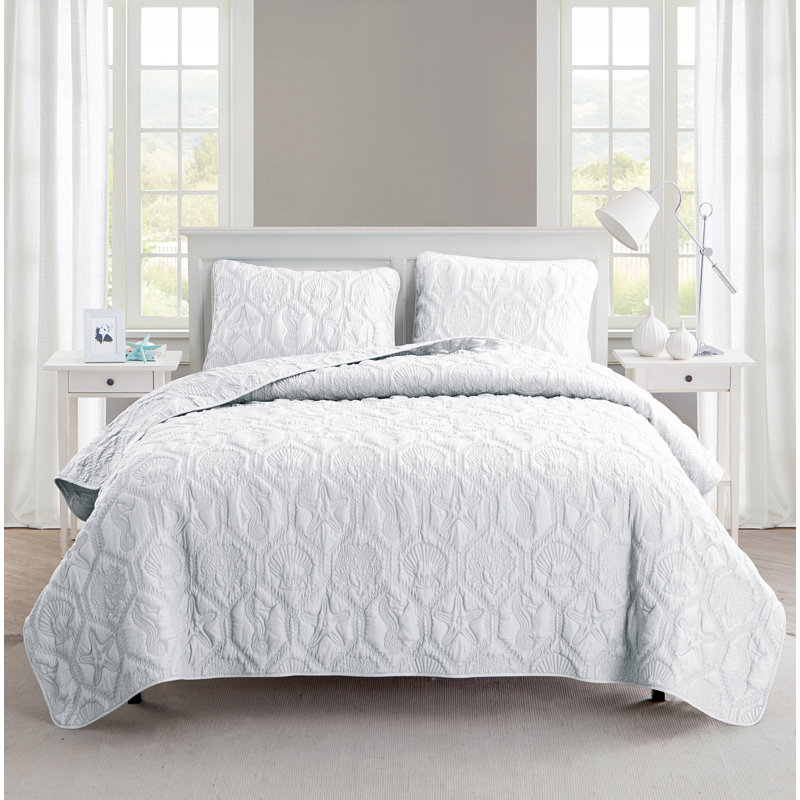 Ensemble de courtepointe gaufrée 3 pièces Shore, Courtepointe grand + 2 couvre-oreillers standard, Blanc neige