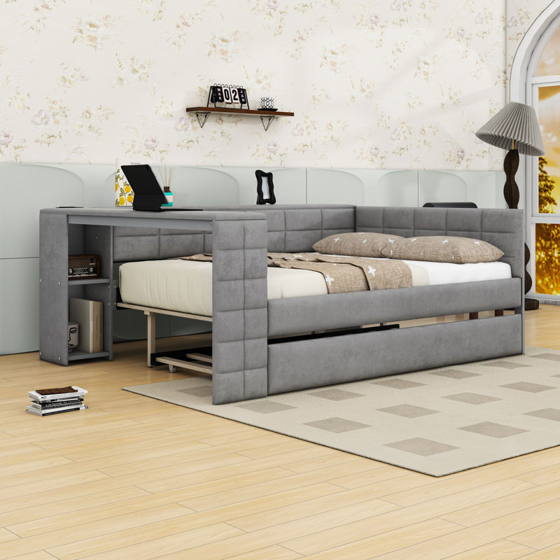 Lit plateforme tapissier double en bois avec lit gigogne simple, tablettes, bureau et station de charge, Gris