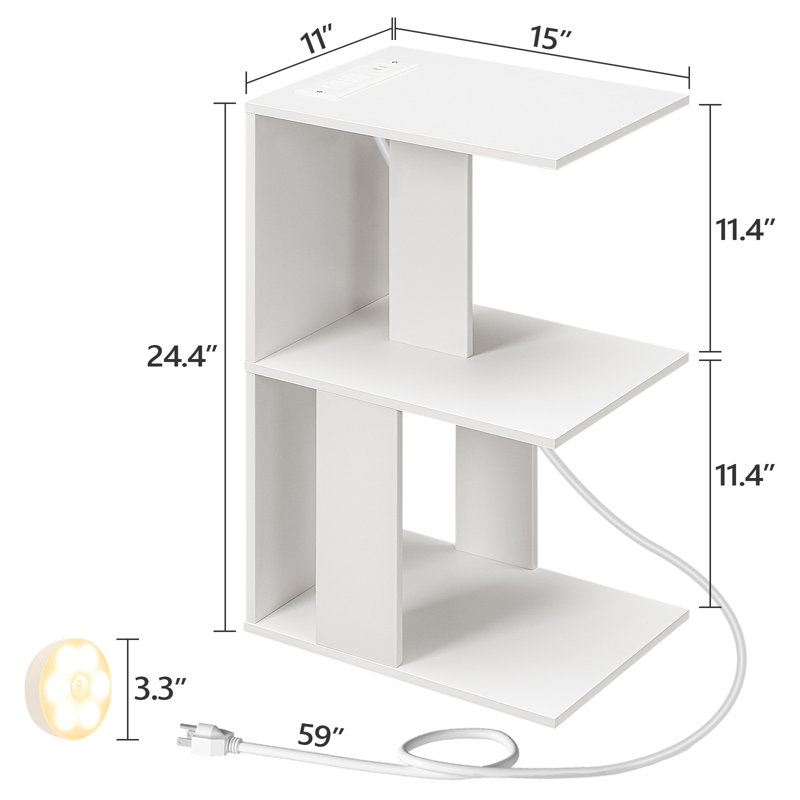 Nikaila 24.4" Tall Narrow End Table with Charging Station and Light, White