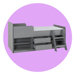Grey wooden mid-sleeper cabin bed with integrated shelving, two storage drawers, and an attached ladder set against a circular purple background.