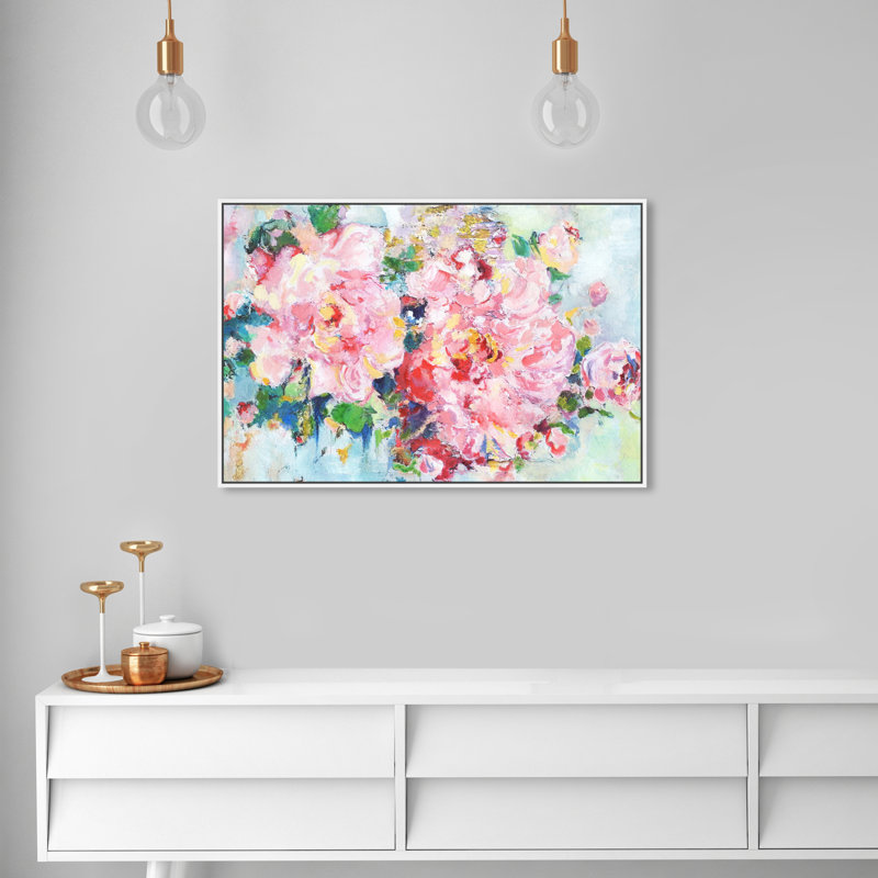 «Pretty Spring Abstract Flowers Modern Pink», cadre photo, Toile avec cadre blanc, H 24 po x l 36 po x P 1,75 po