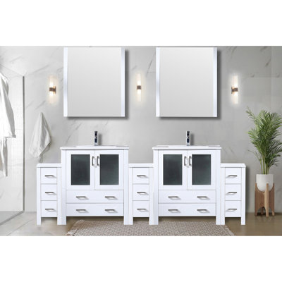 96 po Meuble-lavabo double W, comptoir en céramique blanche, armoires latérales, 28 miroirs, robinet de meuble-lavabo à finition grattée et teinte blanche, comptoir, résistant à la corrosion