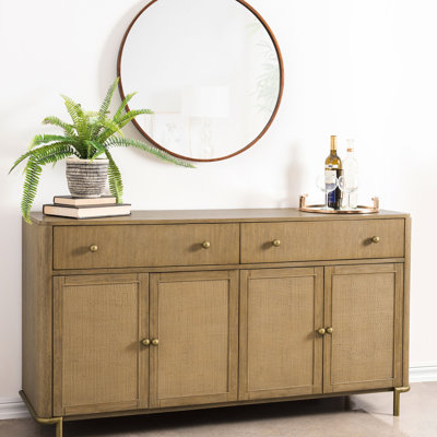 65 - Inch Sand Wash Sideboard For Coastal Dining Room With 2 Drawers, Adjustable Shelves, And Solid Rubberwood In Finish, Featuring Cane Front Doors, Frame, Soft Close Euro Hinged Doors