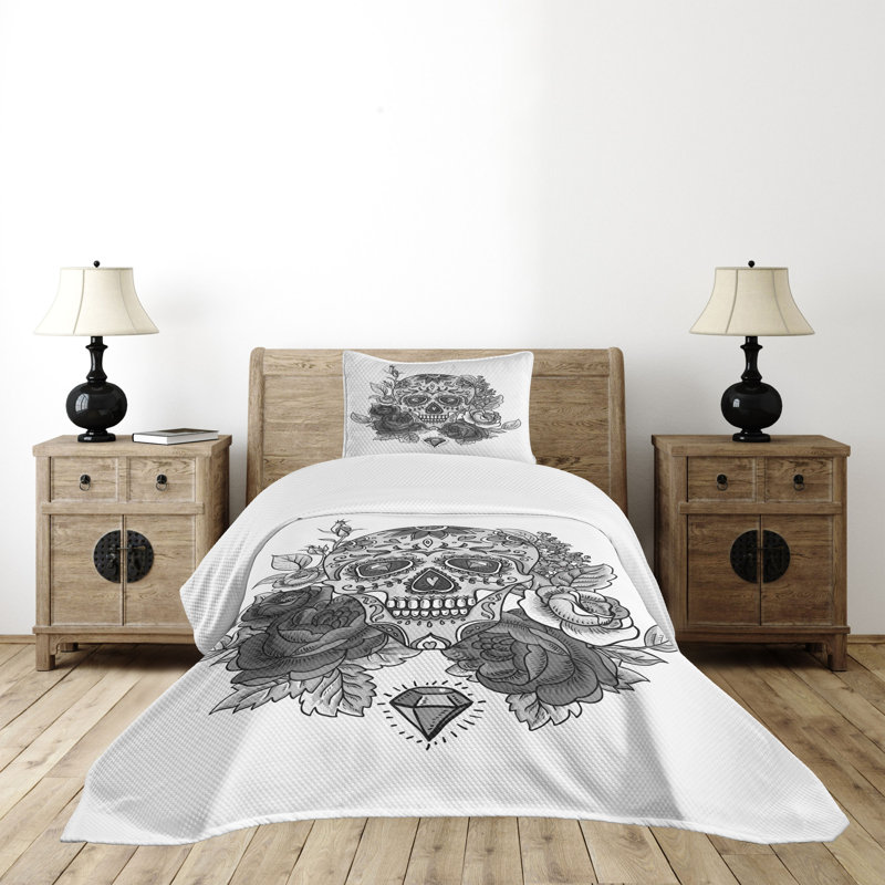 Ambesonne Sugar Skull Bedspread Set Roses Diamond Shape Grey White, Twin Bedspread + 1 Standard Sham