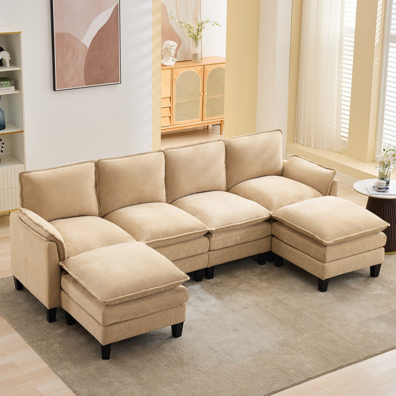 6-Piece 101'' Upholstered U-Shape Sectional, Yellow Chenille