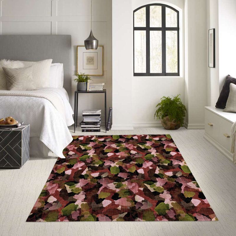 Tapis intérieur / extérieur rectangulaire en polyester tissé à la machine noir / rose / vert, Rectangle 3 pi x 5 pi