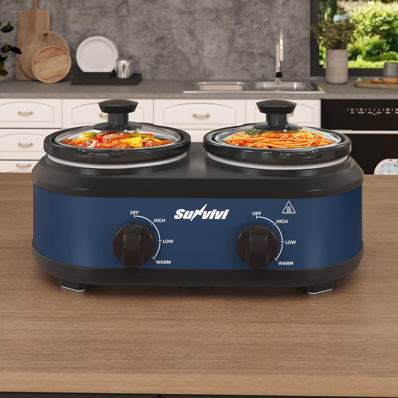 Double chaudière buffet à deux mijoteuses, chauffe-plat à 2 pots avec commandes indépendantes et couvercles en verre
