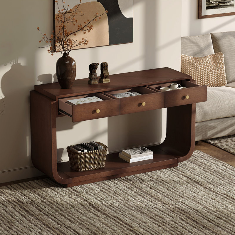 Classic-Style Console Table, 3 Storage Drawers, Display Shelf, Curved Legs, Painted Finish, Entryway/Hallway/Living Room, Walnut
