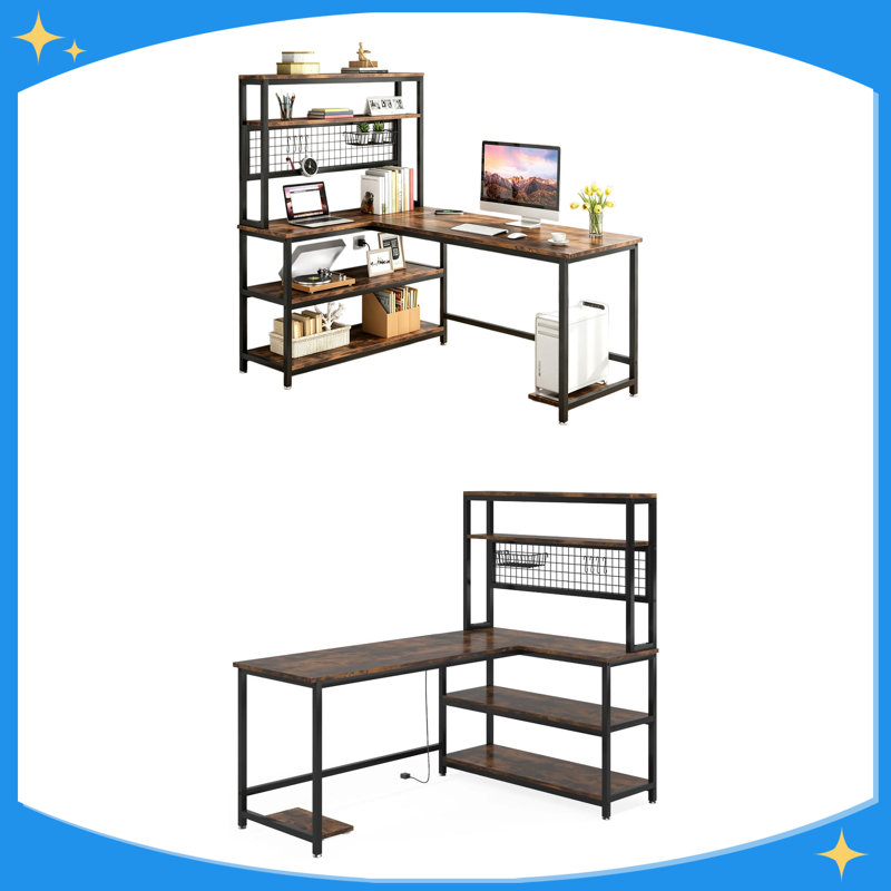 Reversible L-Shaped Desk 55 Inch Computer Desk with Wireless Charging And Shelves Home Office Desk with Storage