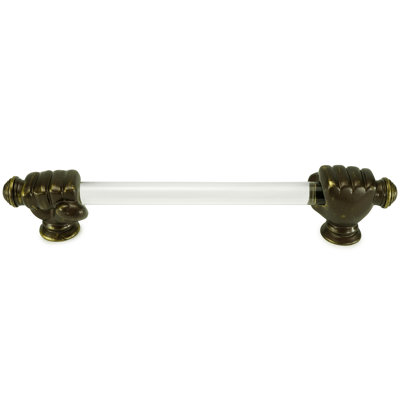 Carpe Diem Fist extra large fist 12 inch center to center pull, 3/4 inch acrylic bar in finish Antique Brass