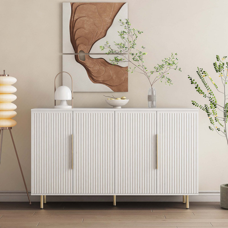 Fluted Buffet Accent Cabinet With Adjustable Shelves, White
