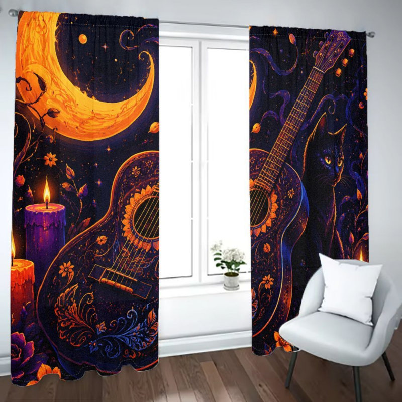 2Pcs Guitare artistique et rideaux de lune en forme de chat noir, rideaux fantaisistes de nuit céleste avec passe-tringle pour salon, chambre, cuisine, décoration