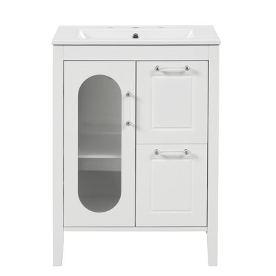 Lavabo de meuble-lavabo 24 po, bois massif blanc et armoire, porte, tablette réglable, deux tiroirs et tablette