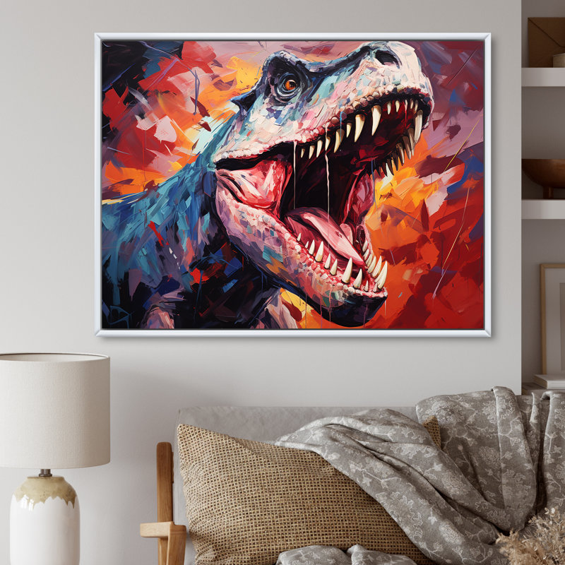 Popart TRex dinosaur II - dinosaure, art mural, Cadre flottant blanc, H 30 po x l 40 po x P 1,5 po