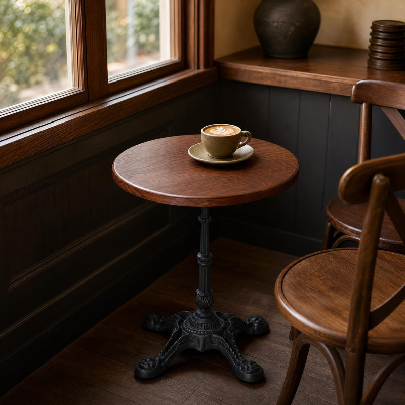 Table de bistro ronde vintage, plateau en pin massif, piètement en fonte à quatre pattes pointues, noire