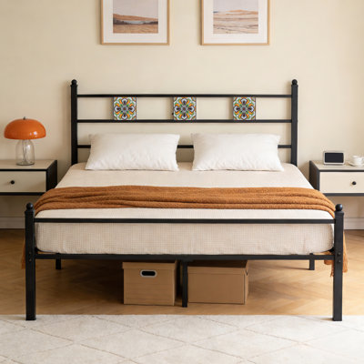 Full Size Metal Bed Frame with Decorative Tile Headboard, 12.6 Inch Under‑Bed Storage, Sturdy Metal Slat Platform Bed, No Box Spring Needed