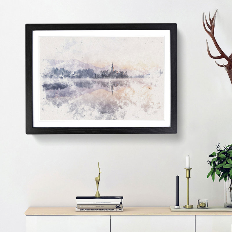 Wintertime At Lake Bled In Slovenia Watercolour - Framed Print, 35cm H x 50cm W x 2cm D, Black