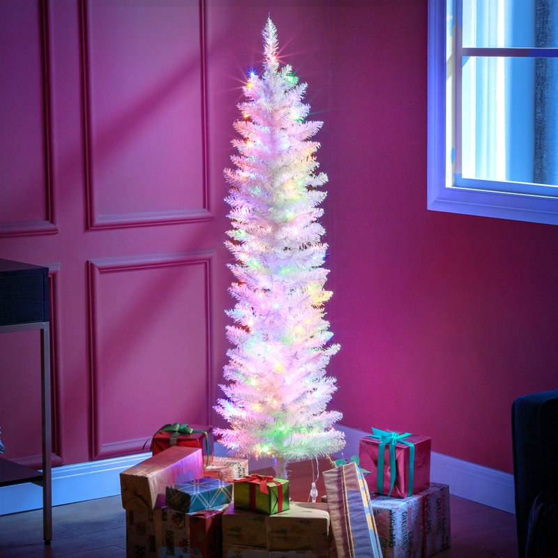 Grand sapin de Noël artificiel pré-éclairé avec branches colorées, lumières DEL colorées, blanc
