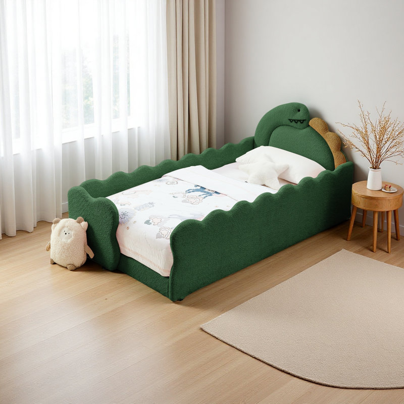 Twin Size Cute Dinosaur-Shaped Kids Bed With Safety Guardraild, Solid Wood Toddler Bed Frame For Children For Bedroom, Green