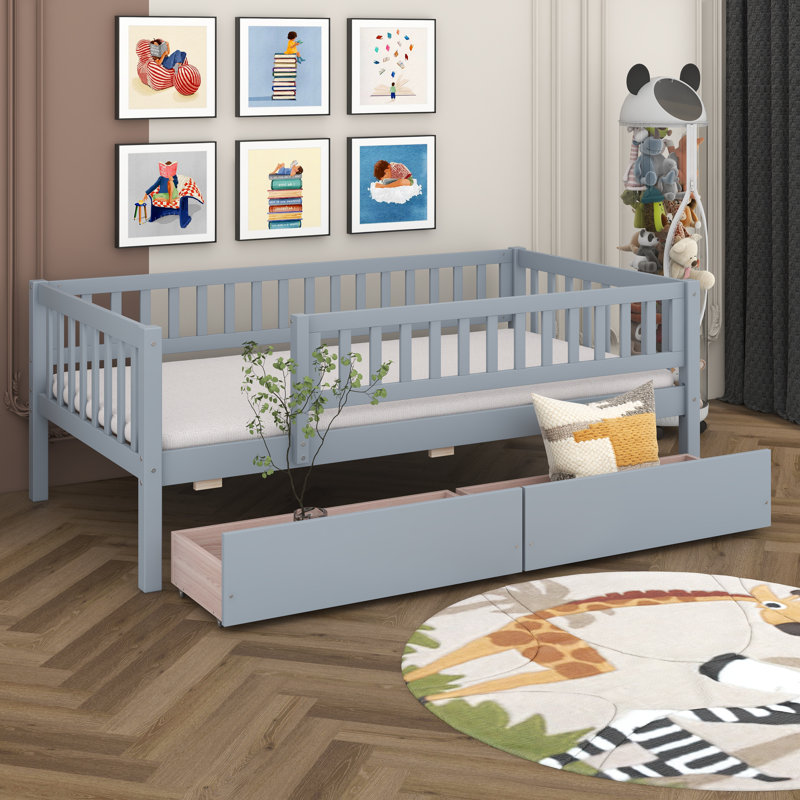 Twin Size Solid Wood Daybed With Storage Drawers, Modern Wooden Bed Frame For Small Spaces, Gray