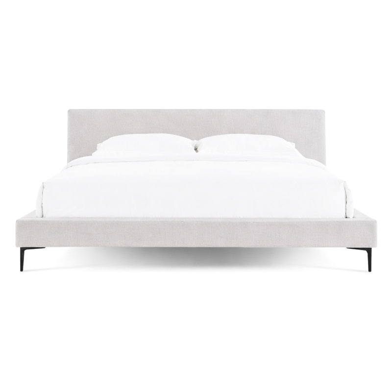 Mid-Century, très grand lit, lit tissé, tête de lit en bois massif, structure rembourrée de mousse, système de lattes flexibles, pieds en acier inoxydable de style très grand siècle, sans sommier