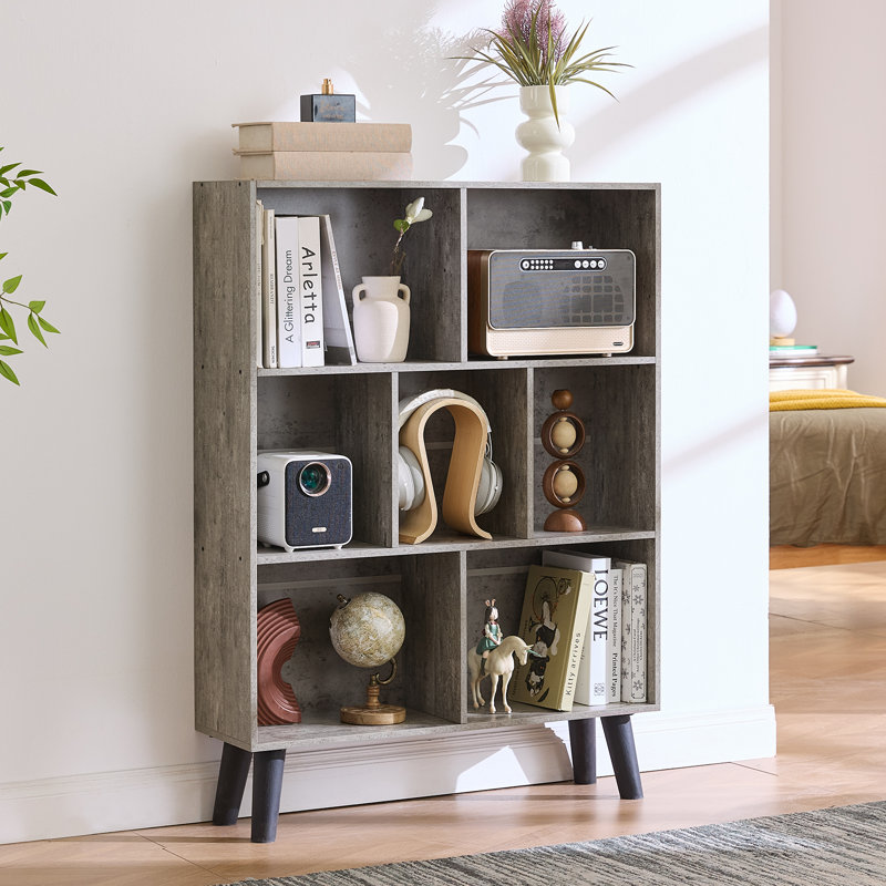 7 Cube Bookshelf, 3 Tier Modern Bookcase With Legs, Wood Cubeicals Organizer Storage Open Shelves, Retro Display Book Shelf, Freestanding Short Book Case For Bedroom,Living Room,Office