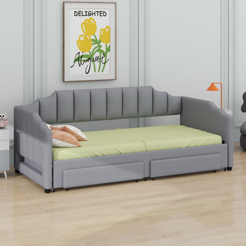 Lit de jour rembourré extensible avec deux tiroirs de rangement et lumière DEL, Gris