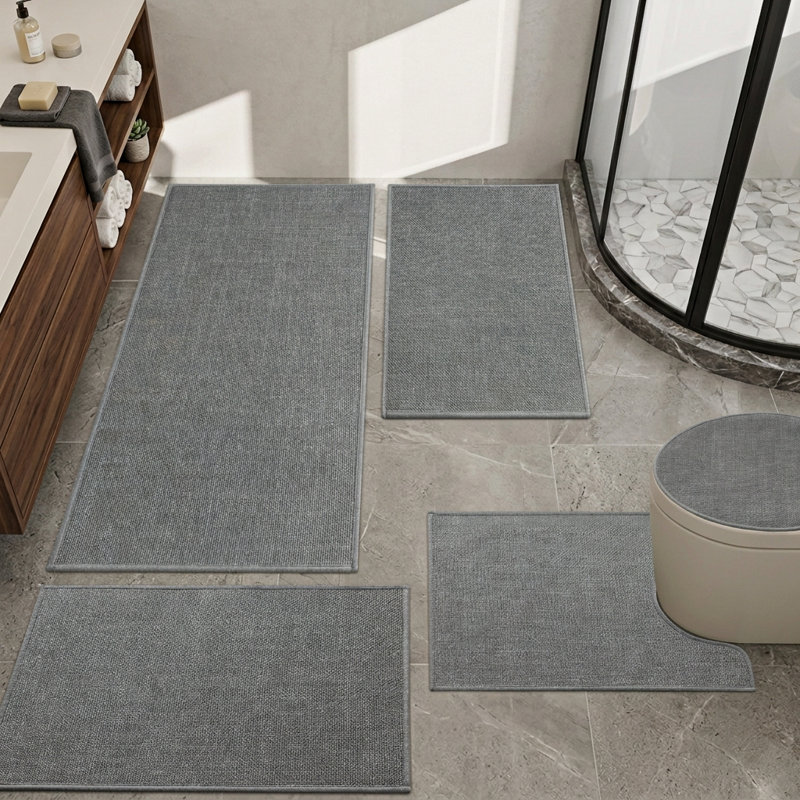 5 Piece Textured Linen-Look Bath Rug Set with Non-Slip Backing, Gray