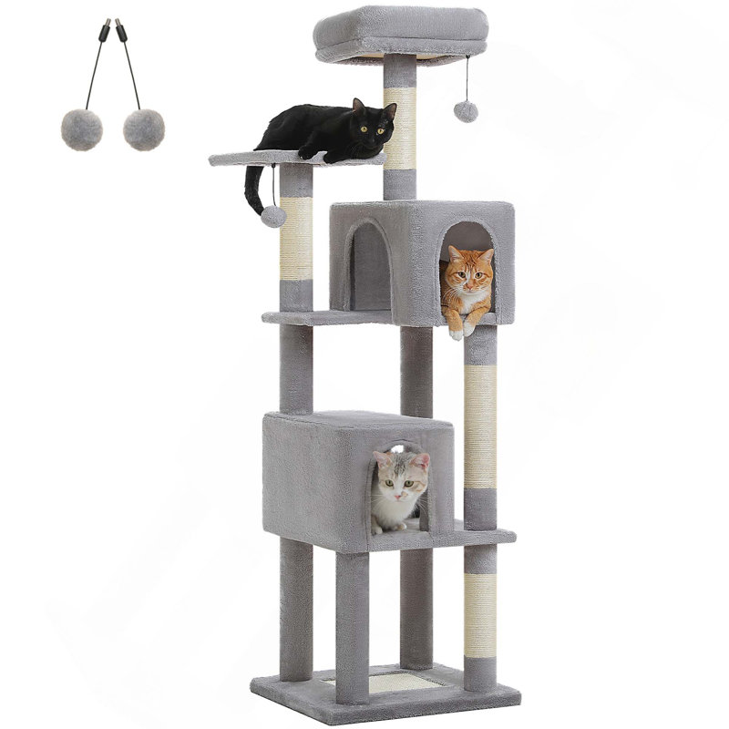 Tour pour chat à plusieurs niveaux avec condos spacieux, patin à gratter, poteaux à griffer, perchoirs supérieurs et pompons pour le jeu et le repos félins