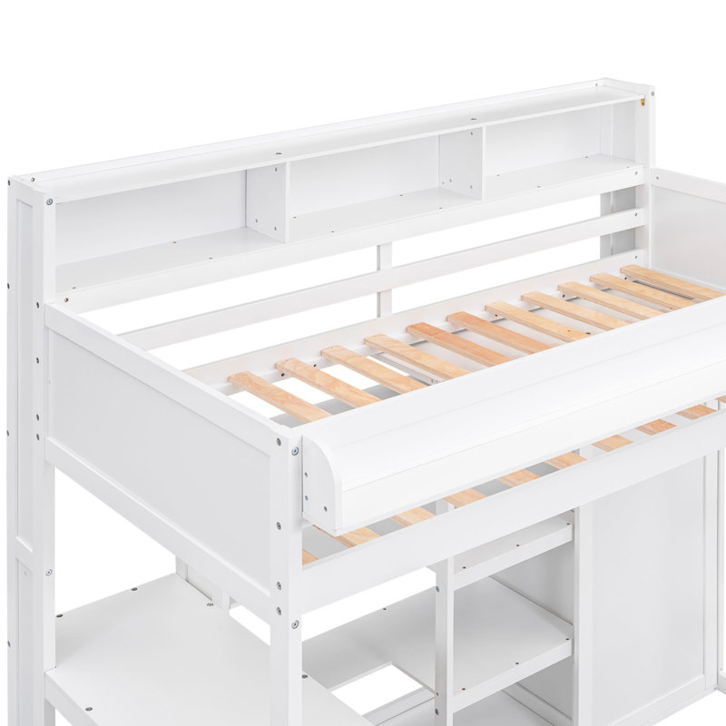 Lit mezzanine simple avec cadre en bois et rangement, lit blanc, rangement pour vêtements, Blanc