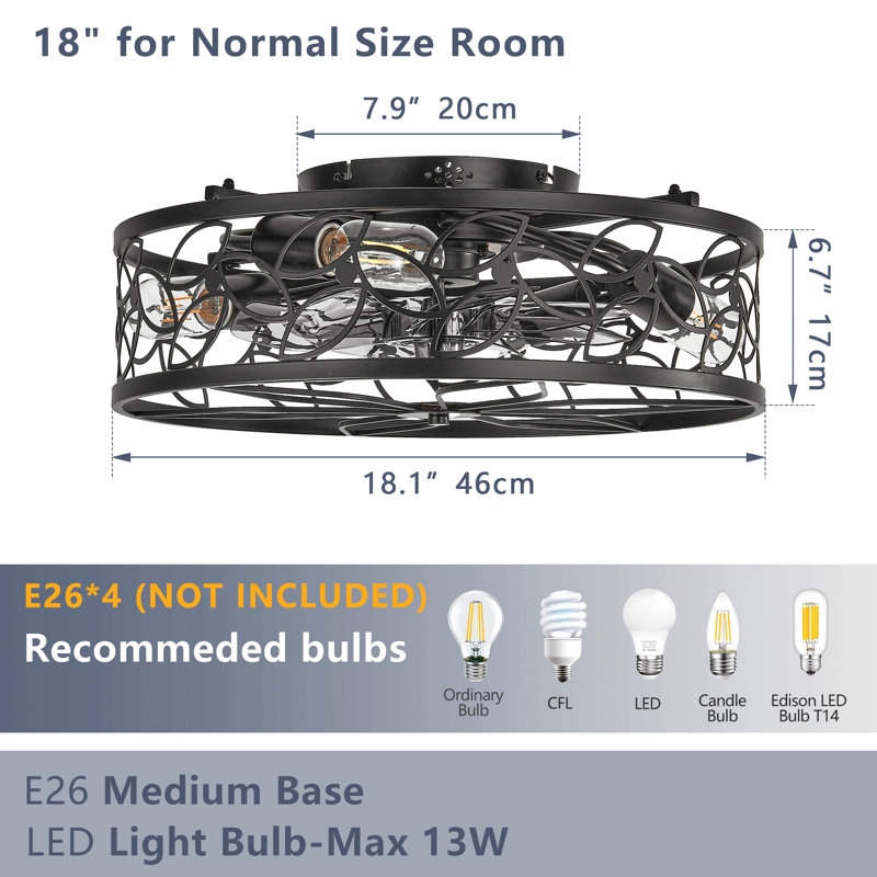 18-Inch Vintage Caged Ceiling Fan Light – Quiet Operation, Remote Control, Industrial Style For Living Room, Bedroom, And Kitchen (Silent/6-Speed/Reversible/Dc Motor) (Bulb Not Included)