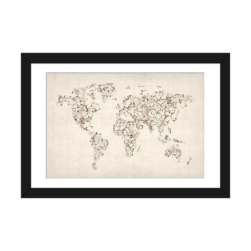 « map of the world map floral tourbillons » par michael tompsett, impression sur toile, H 24 po x l 32 po x P 1 po, Blanc