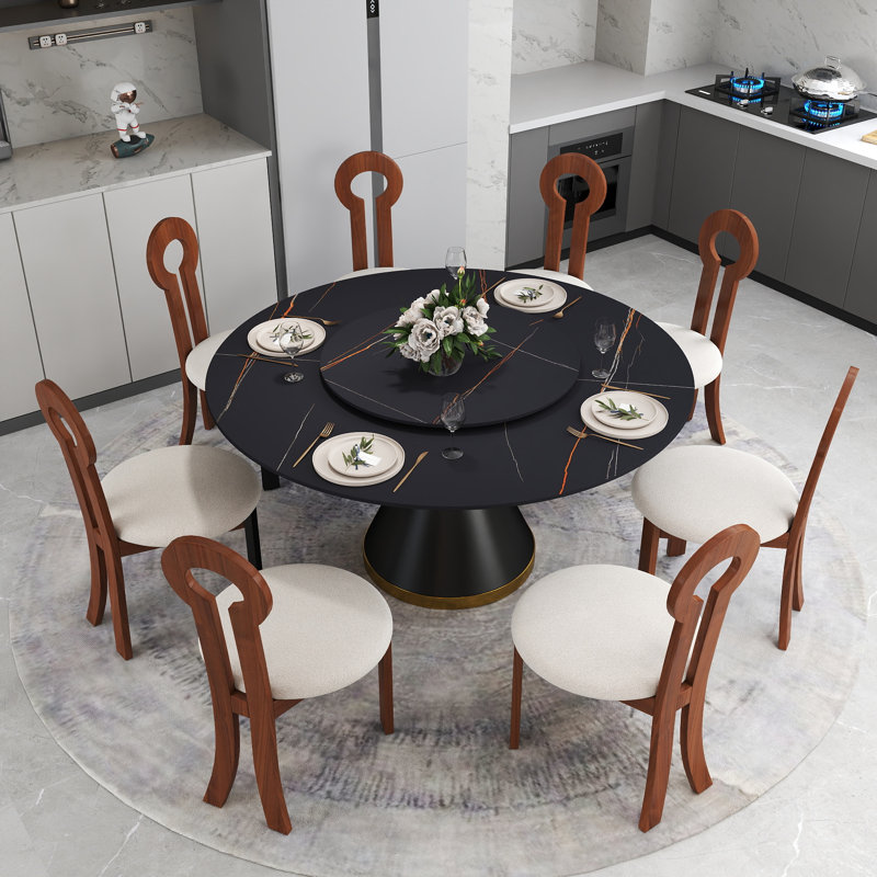 Table de salle à manger moderne à 8 sièges en pierre frittée avec plateau rotatif, chaises de salle à manger modernes en forme de clé