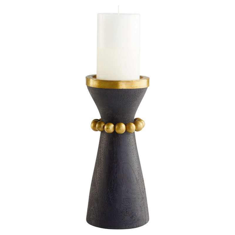 Parvati Wood Tabletop Candlestick, Rubbed Black/Antique Brass, 12" H x 5.5" W x 5.5" D