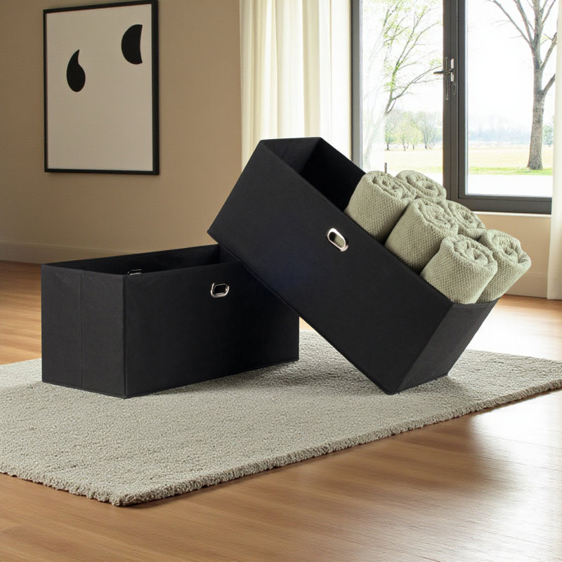 Ikeda 2-Piece Foldable Fabric Basket Set in Black, 9.94'' H X 22.89'' W X 10.03'' D, 9.94" H x 22.89" W x 10.03" D, Black